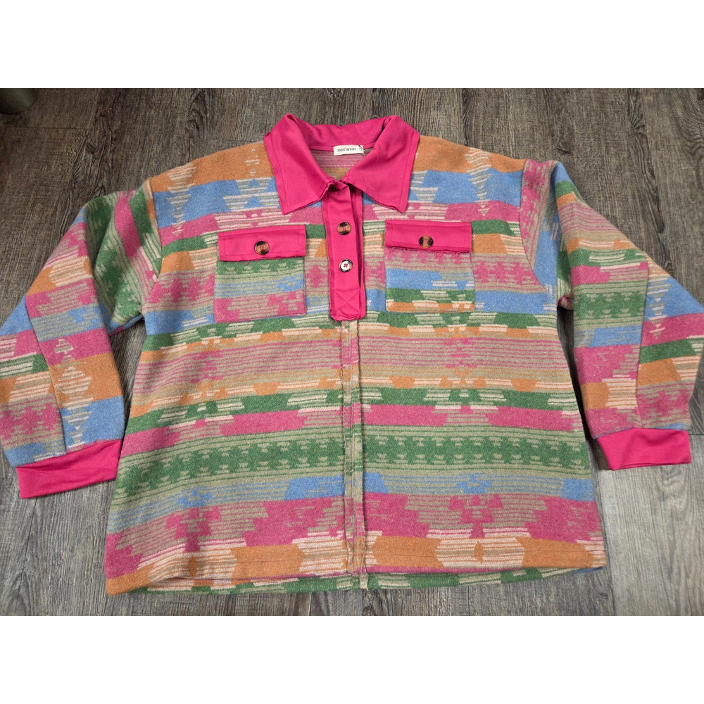 And The Why Women's Multi-Tribal Brushed Button-Up Shacket Pink Small Shirt